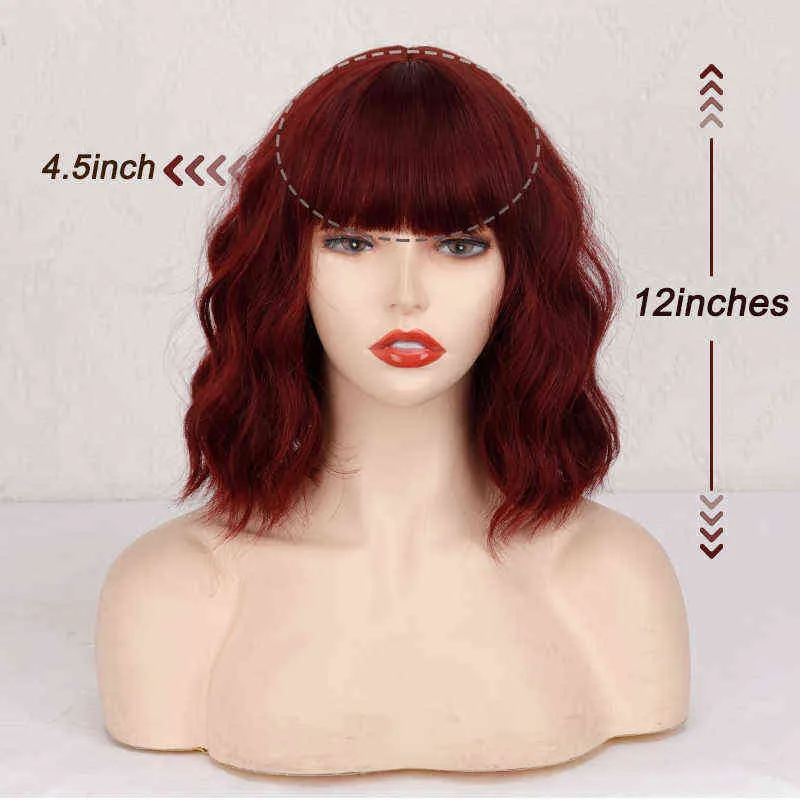 Parrucche sintetiche corte Bob donne ondulate con frangia Capelli cosplay in fibra resistente al calore rosso vino 220622