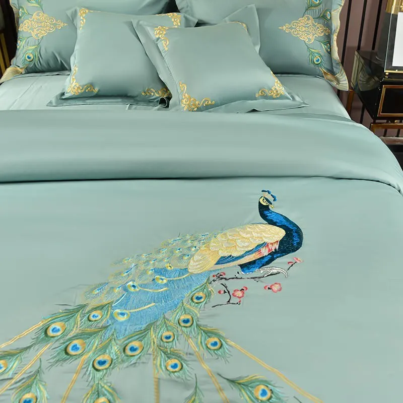 Vintage Chic Peacock Ricamo Copripiumino US Queen King Oversize 800TC Cotone egiziano Biancheria da letto morbida Lenzuolo Federe220609