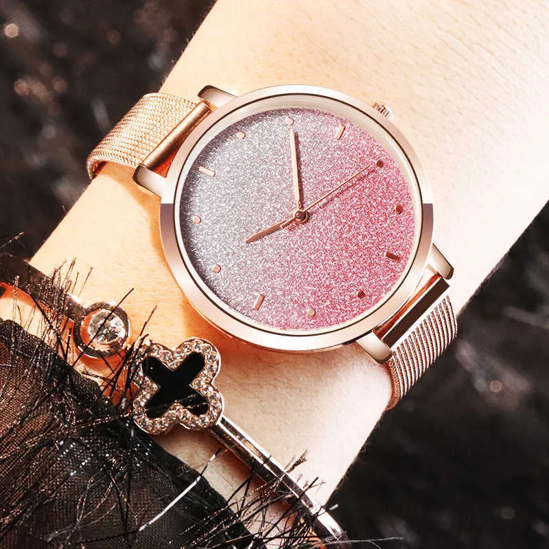 Frauen Quarz Rosa Uhr Luxus Marke Uhr Einfache Rose Gold Edelstahl Skeleton Stern Armband Kleid Uhren