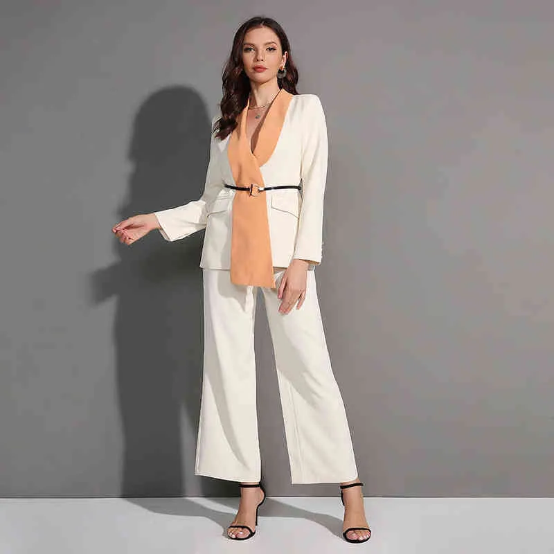 Ladies Office Suit Fashion Casual Loose Two-Piece Blazer Wide Leg Pants Women Chic Belt V-Neck Elegant Set T220729