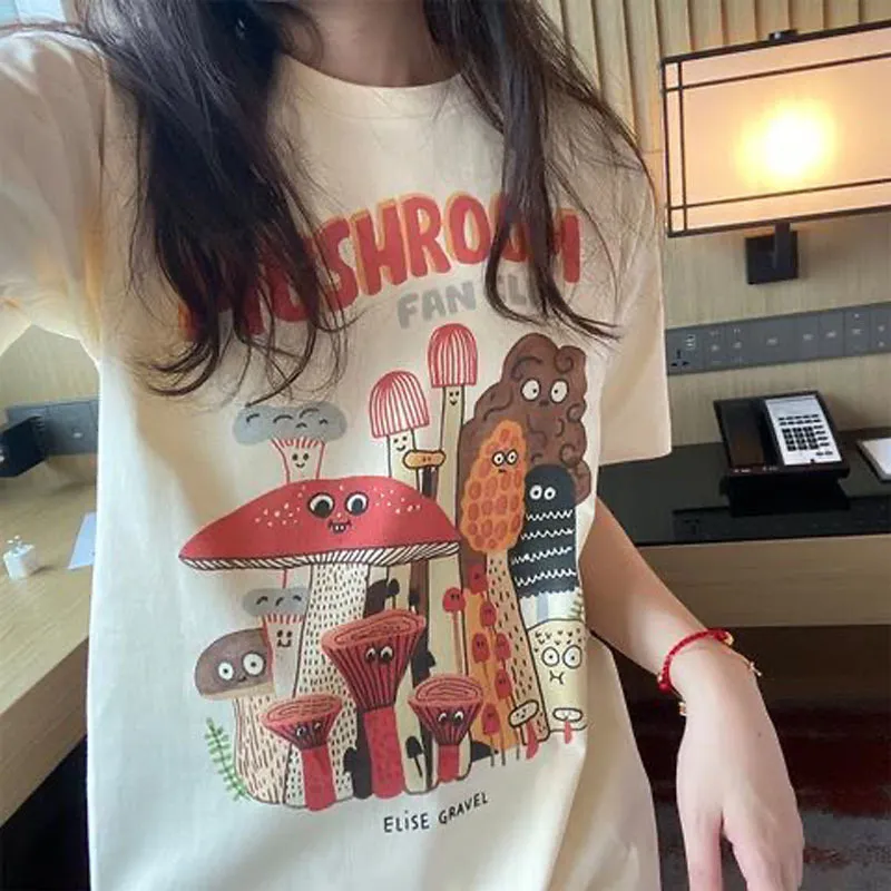 Le champignon mignon t-shirt femme Harajuku Vintage 80s 90s coton manches courtes Kawaii graphique drôle Tee Streetwear vêtements 220328