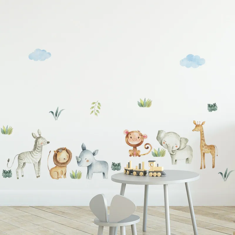 Autocollant mural d'animaux dessinés à la main, dessin animé, pour la décoration de la maison, chambre d'enfants, Kingdergarten, décoration murale, autocollants muraux en vinyle, décoration de la maison 220613