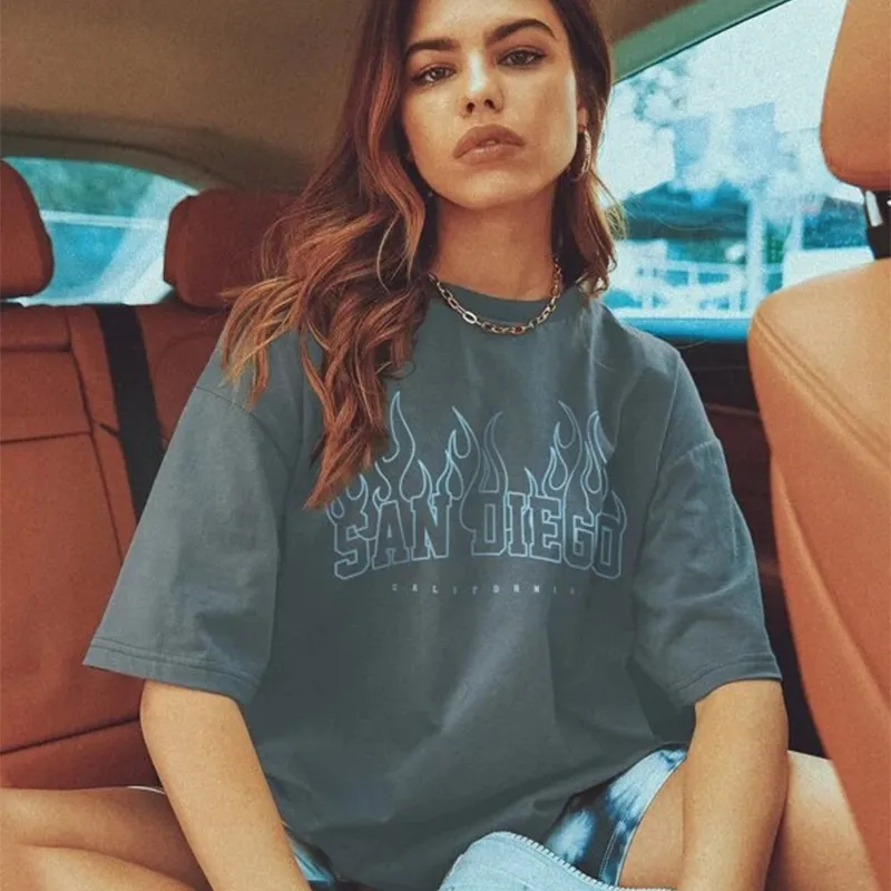 Fashion Womens Tshirts SAN DIEGO Letter Prints T Shirt Women ONeck Oversized Loose Short Sleeve Summer Tops Streetwear W220615