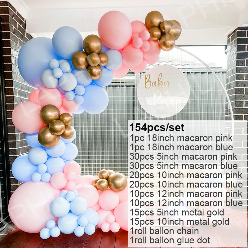 154 pezzi Baby Shower Macaron Palloncino Ghirlanda Arco Kit Ragazzo o ragazza Genere Rivela Decorazioni feste Blu Rosa Air Globos Forniture di compleanno 220523