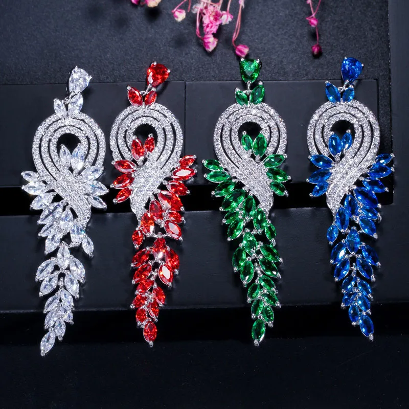 패션 롱 술 지르코니아 매달려있는 이어링 디자이너 여성 파티 18K 골드 실버 레드 블루 흰색 다이아몬드 귀걸이 남미 275m