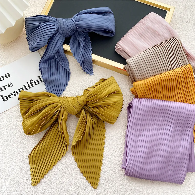 Pleated Women Satin Scarf Neckerchief Ribbon Square Skinny Hair Tie Band Kerchief Satin Foulard Scarves Decorative Headscarf 220516