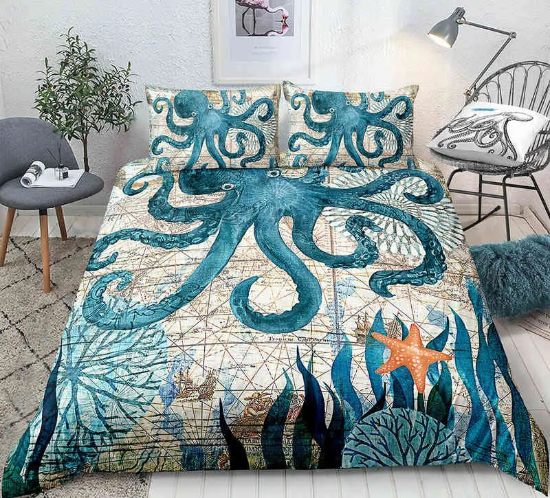 Sea Turtle Bedding Ocean Duvet Cover Set Teal Mediterranean Style Marine Themed Design Sets Queen King Twin Size