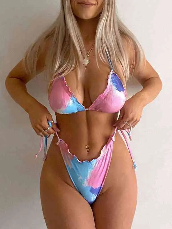 Sexig tie-färg bikini strappy thong baddräkt damer öppna tillbaka bikini två-stycken push up baddräkt strandkläder sommar brasiliansk biquini y220420