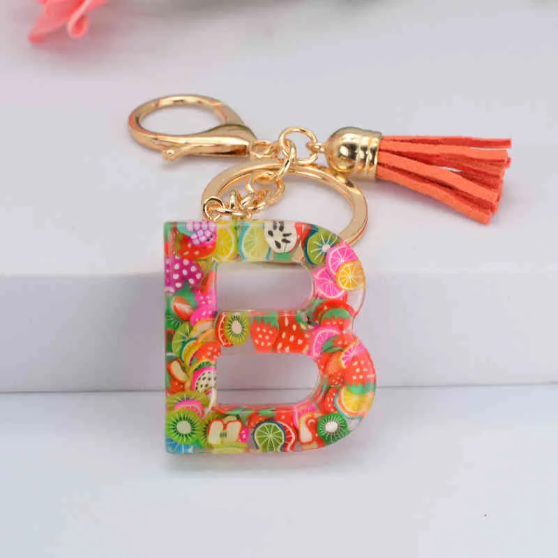 Nowe Kawałki Owoców English Letters Resin Brelok Women Fashion Prostota Torebka Wisiorek z Tassel Key Ring Akcesoria AA220318