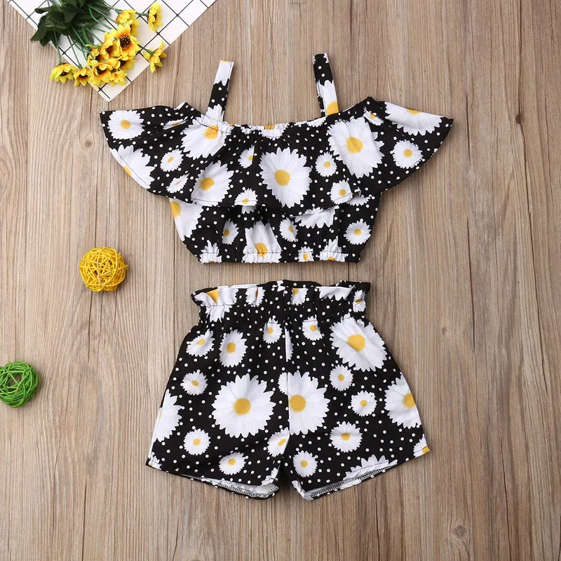 1 6 Year Old Toddler Baby Girl Clothes Watermelon Sunflower Print Ruffle Drop Shoulder Strap Top Shorts Summer Set 220620