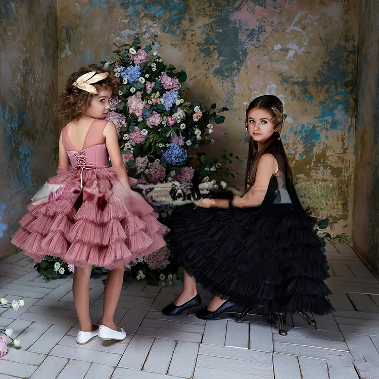 2022 Симпатичные платья для девочек с принцессой для свадьбы с плеча длинные кружевные бусинки Тул Пухние Раффлс Дети ДЕТА