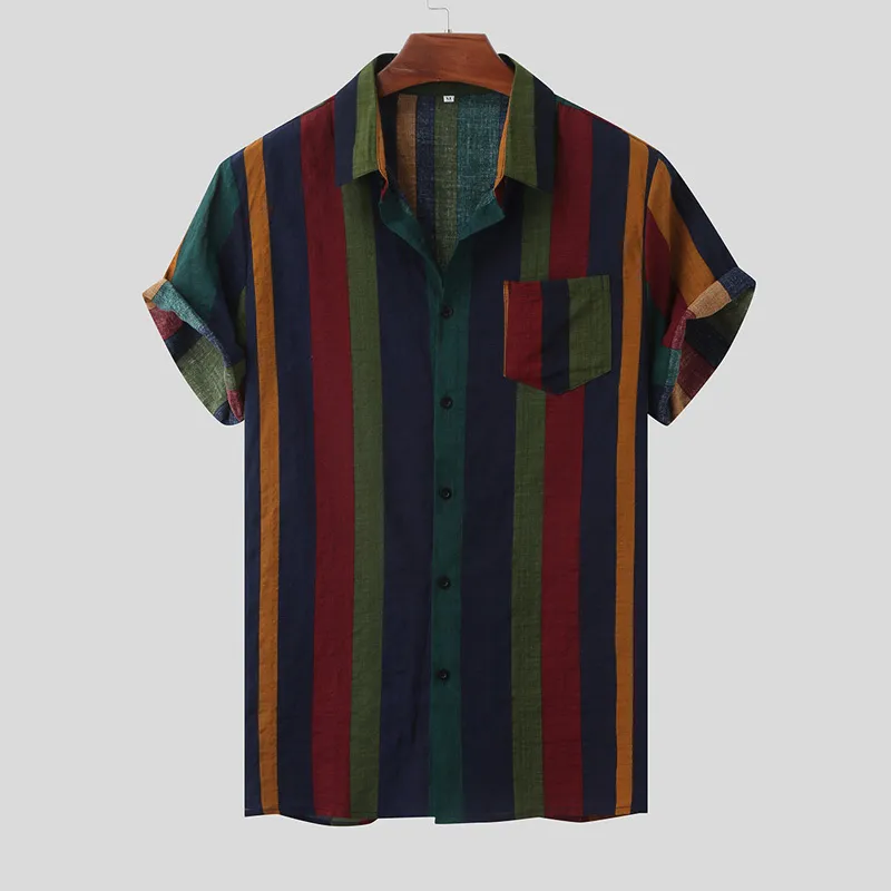 Hawaii Men Shirt Blouse Multicolor Stripes Loose Short Sleeve Casual Buttons Cotton Beach Shirt Men Camisas Para Hombre S3xl 220629