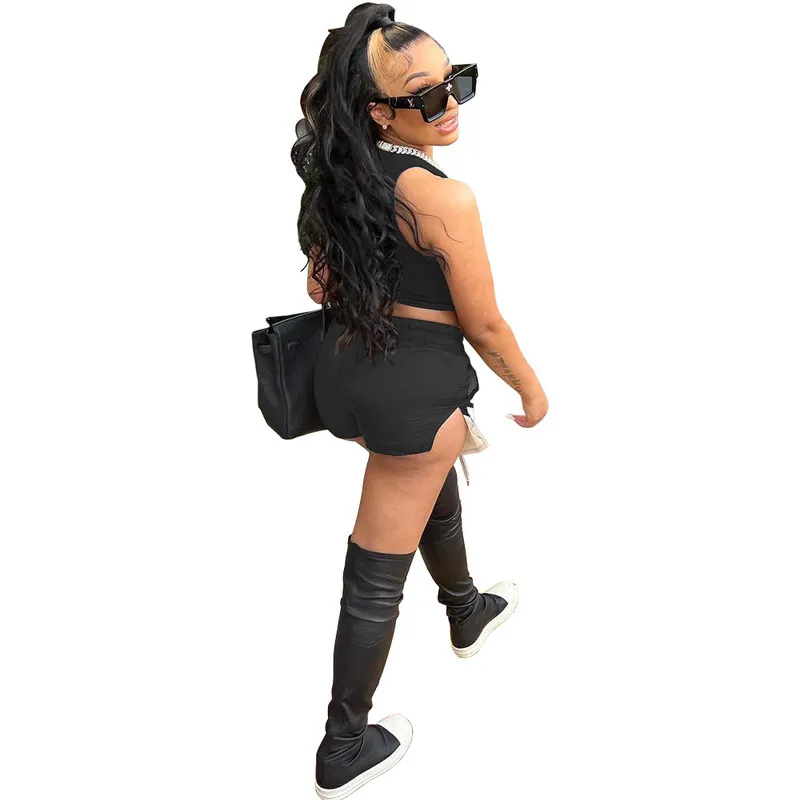 Casaul женский байкерский комплект из двух предметов, укороченный топ на бретелях, брюки с разрезом, уличная одежда, спортивный костюм, одежда для женщин, наряд 220602