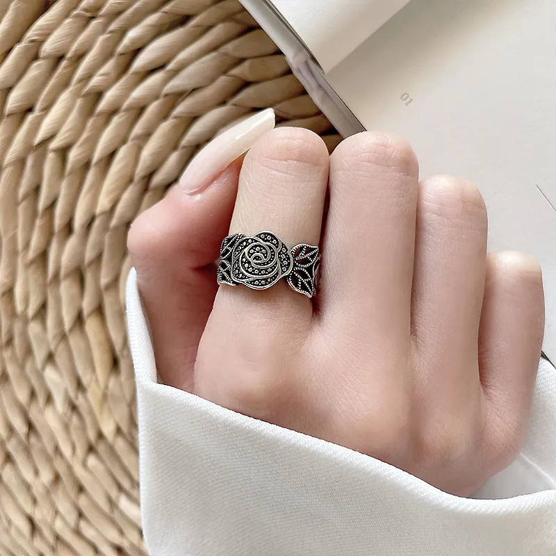 Bande Bague en argent 925 Non-Fading Thai Silvers Anneaux ouverts vintage Index Finger Niche européenne et américaine Ladies Little Finger