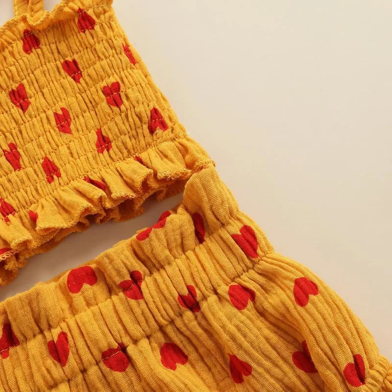 Одежда наборы хлопковые льняные летние маленькие девочки для одежды набор сердечных повязки спагетти ремешки рукавов рукавы с рученой камизол и шорты