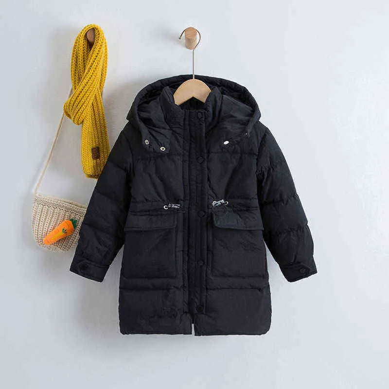 New Solid Color Hooded Mid-Length Down Jacket For Children With Hood Large Pockets Thickened Children Down Jacket 3-10 Year J220718