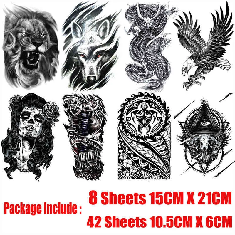 Nexy Tatouage temporaire 50 feuilles Noir S pour Hommes Femmes Realistique Faux Lion Animal Skull Totem Totem Body Art Arm Cuisines Tatoos 0330