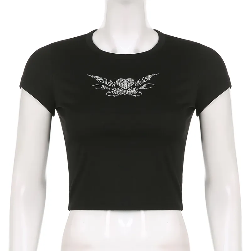 Rhinestones butterfly printing 90s T Shirts Gothic Clothing Grunge Y2k Clothes Sexy Black Short Sleeve O neck Crop Top T shirt Women 220602