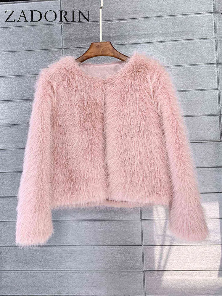 Zadorin 2022 Korean Style Winter Women Solid Short Faux Fur Coat Fashion Casual Long Sleeve Fluffy Pink Black Faux Fur Jacket T220716
