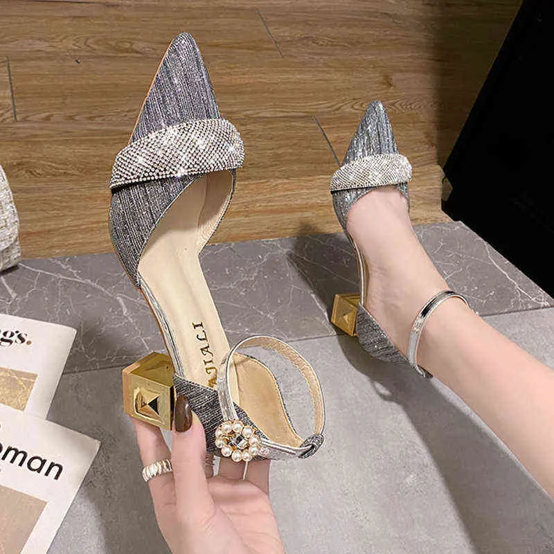 Elbise ayakkabıları jmprs sivri uçlu parlak kristal pompalar kadınlar 2022 Yaz İnci Toka Yüksek Topuklu Kadın Gümüş Glitter Altın Topuk Partisi 220507
