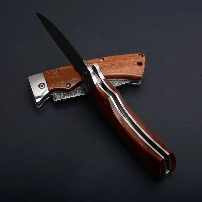 Damascus Open Auto Тактическое складное нож 60HRC Деревянная ручка горизонтальная открытая кемпинга охота на выживание карман карман EDC Collection