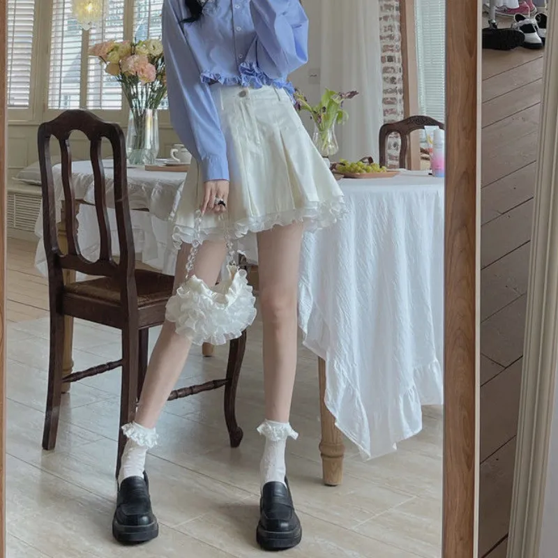 HOUZHOU Kawaii Pleated Skirt Women Sweet Patchwork Preppy Style Mini Shirts White Ruffls Fairycore Fashion Streetwear 220401