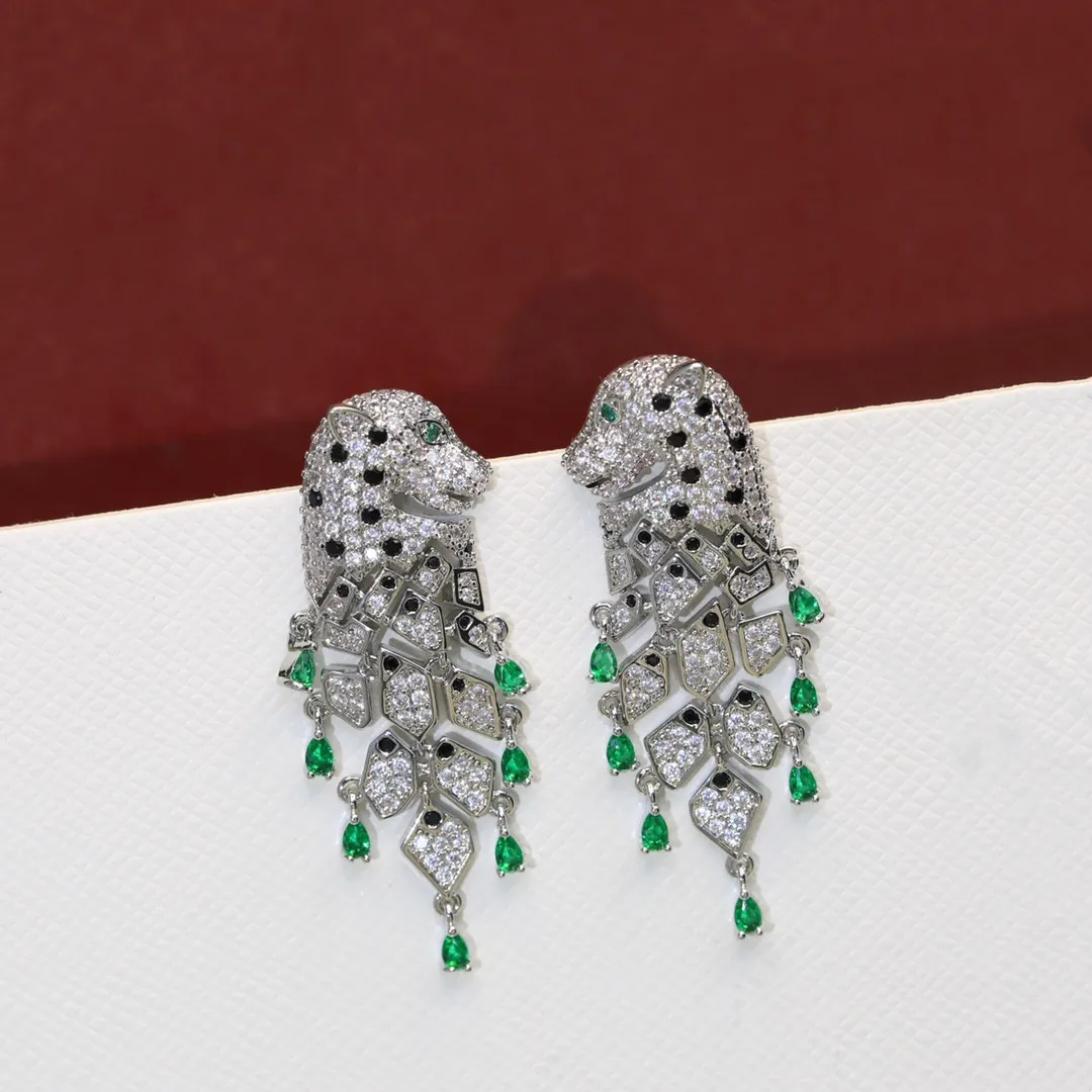 2022 Marke Luxus Full Diamond Schmuck Womencrystal Panthere Ohrring Grüne Leopardenstropfen Ohrringe Quasten Birnen Panther Ohrring