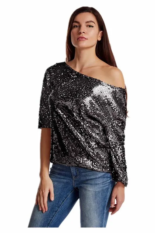 T-shirt da donna con paillettes scintillanti e spalle scoperte Canotta camicetta classica alla moda casual glitterata allentata T-shirt da cocktail party 220328