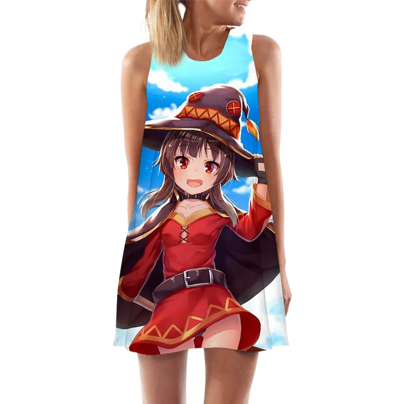 Mujeres Tank Tops Vestido Anime Megumin Konosuba Impresión 3D Vestido de playa suelto Moda Mini Fiesta corta Vestido de chaleco femenino W220617