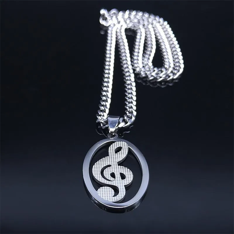 Pendant Necklaces Music Notes Stainless Steel Necklace Women Men Silver Color Chain Oval Jewelry Chaine Acier Inoxydable N4277S06P252q