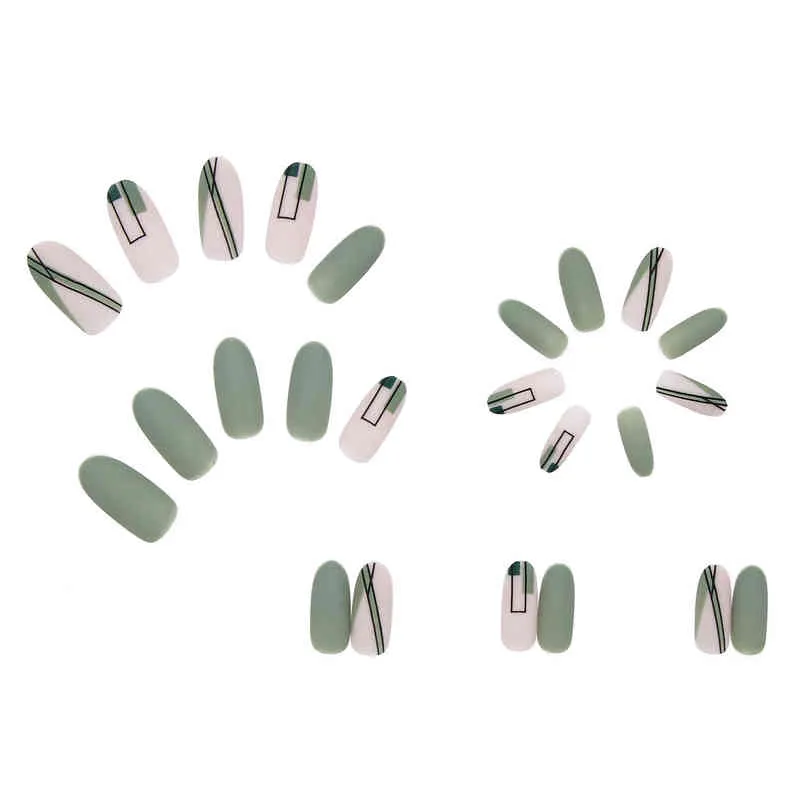 Falsas Nails Parche verde mate con pegamento Extraíble Párrafo largo Manicura de moda Presione en las puntas de las uñas 0616