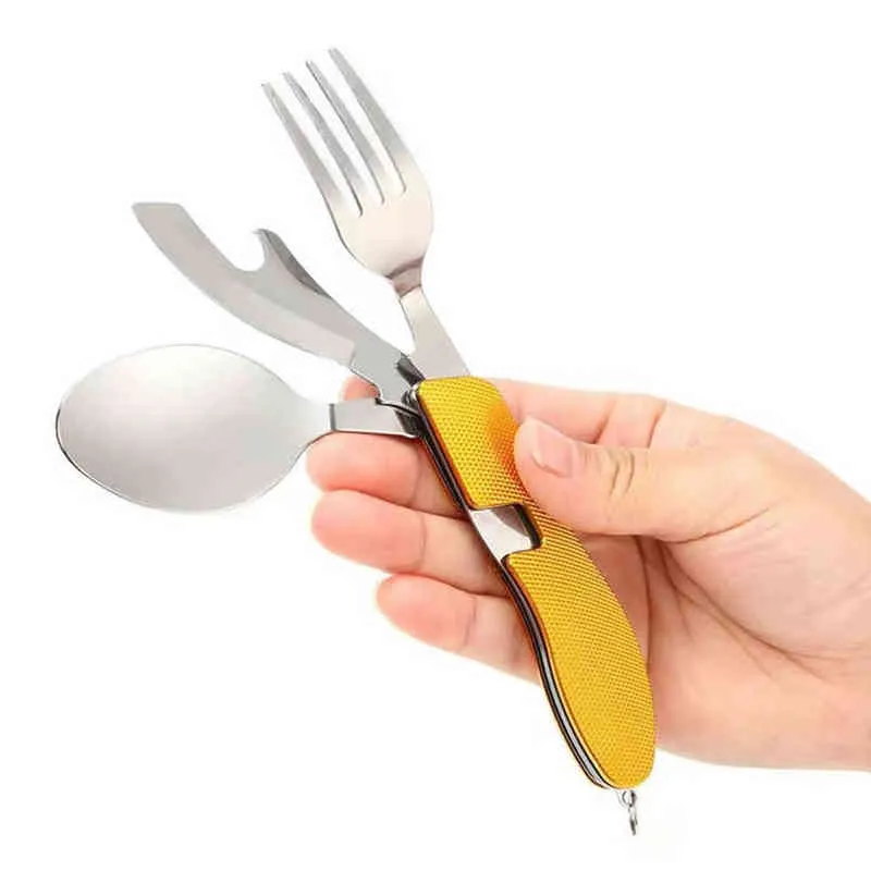 캠핑 utensil spoon 포크 나이프 테이블웨어 세트 스테인리스 멀티 휴대용 접이식 나이프 포크 캠프 캠핑 피크닉 용품 Y220530