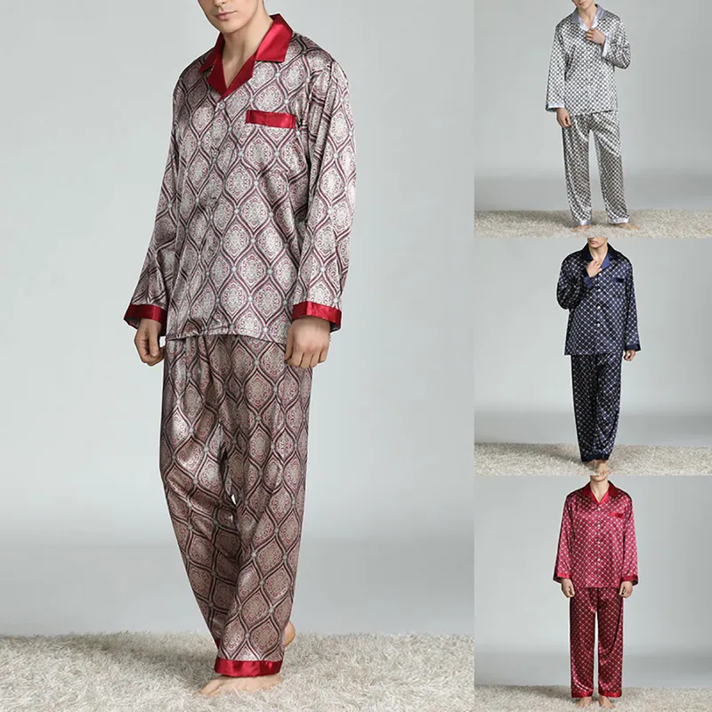 Mens Stain Pyjama Ställer män Sleepwear Modern Style Tryckt Silk Nightgown Home Man Male Satin Soft mysig sovande pyjamas 220705