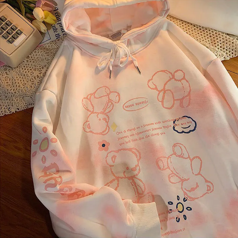 Wiosna Jesień Tie Dye Kapturem Kobiety Grube Ciepłe Cute Różowe Oversized Bluza Z Kapturem Harajuku Vintage Pullover 220311