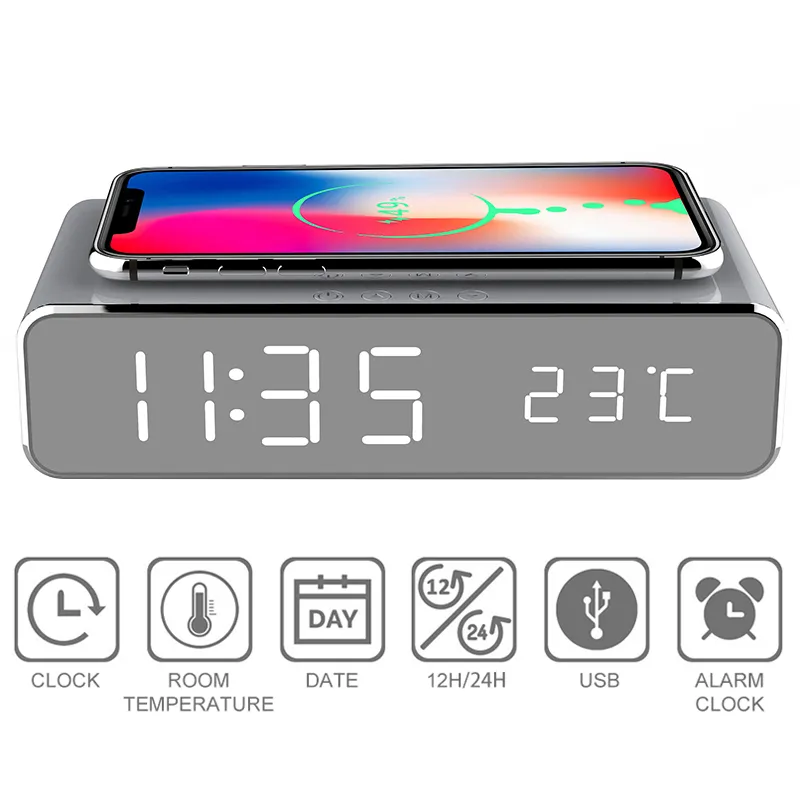 LED Electric Alarm Clock With Mobile Phone Wireless Charger HD Mirror Time Memory Digital Thermometer Gift 220426