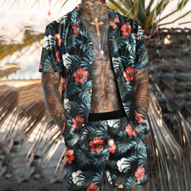 Summer Beach Fashion Flower Print Set da due pezzi uomo Camicia a maniche corte Pantaloncini Abiti da uomo casual hawaiano 220602