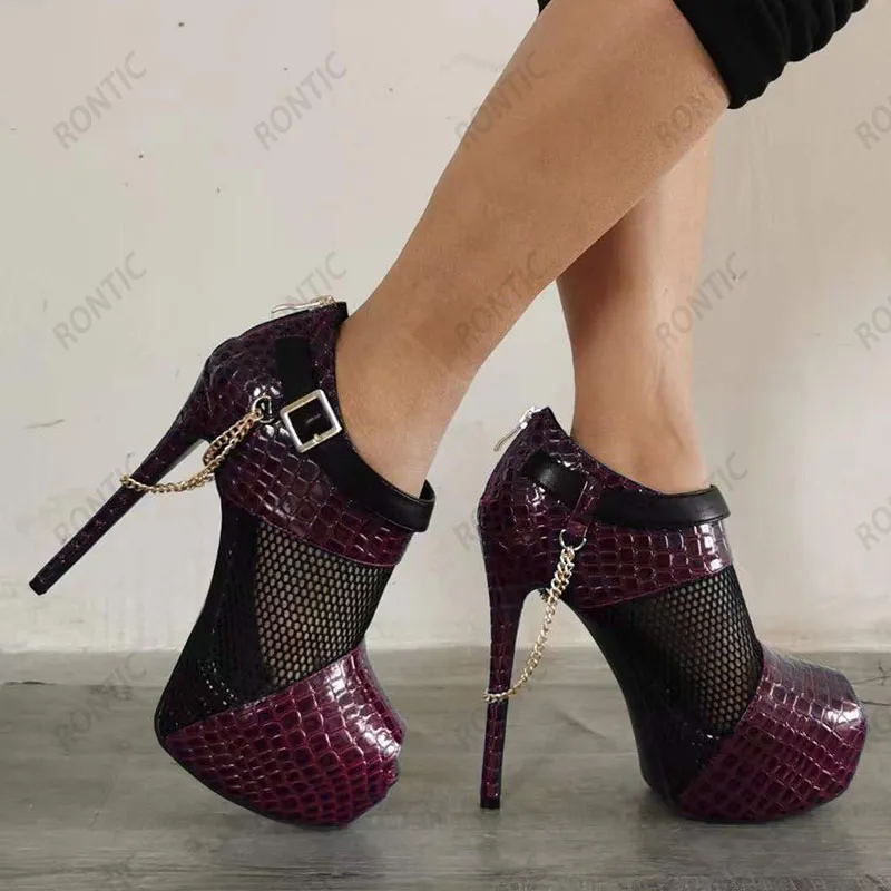 Rontic Real Photos Women Pumpar Platform Mönster Sexig stiletto klackar kikade tå ganska fuchsia blå festskor USA storlek 5-20