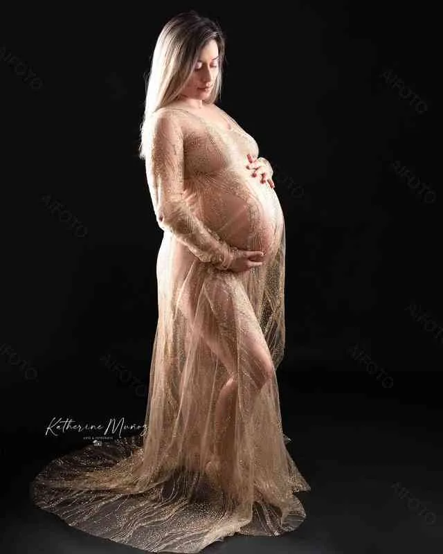 Bohemian Lace Maternity Dress för fotografering Bling Glitter Fullärmar Kläder Photoshoot Baby Shower Gown Photography Dress G220510