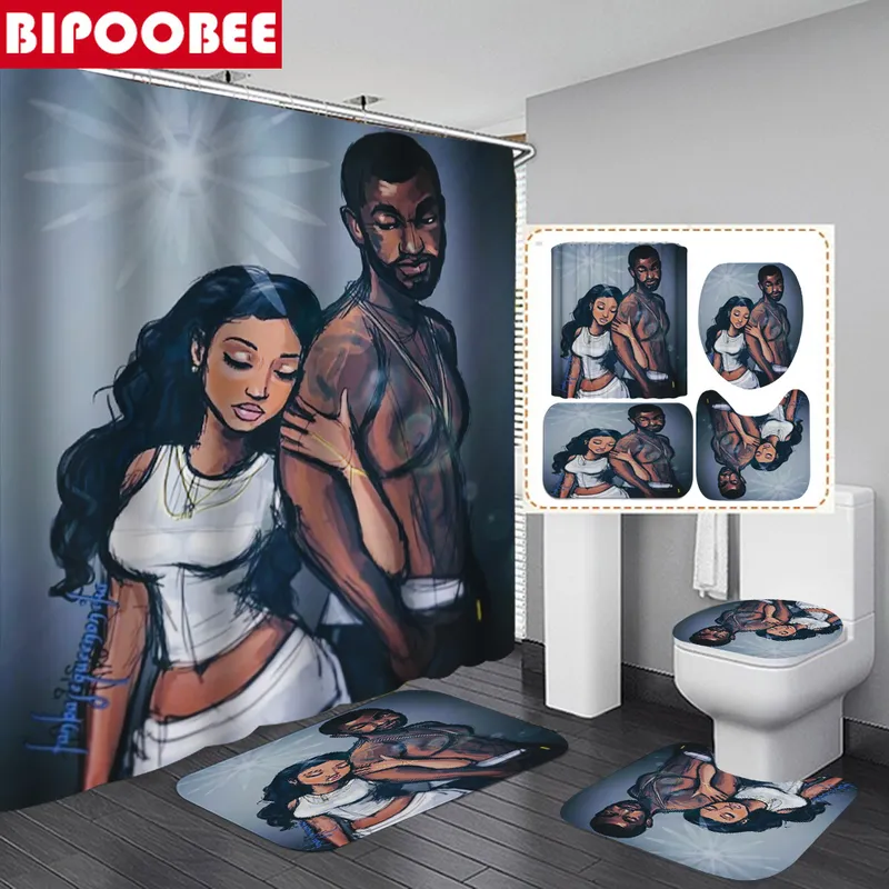 African Strong Man Sexy Girl Shower Curtain Sets Afro Lover Non-Slip Rugs Toilet Lid Cover and Bath Mat Bathroom Curtains Set 220517