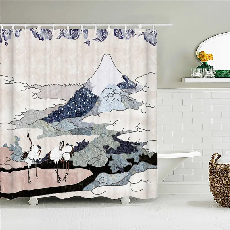 Tenda da doccia in stile giapponese 3D con Monte Fuji e stampa floreale con gancio Tende da bagno la decorazione della casa con paesaggio naturale 220517