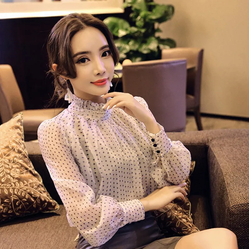 Autumn Polka Dot Chiffon Shirt Female High Neck Loose Blouse Office Lady Thin Bottoming Shirt Women Long Sleeve Blouse Tops Styl