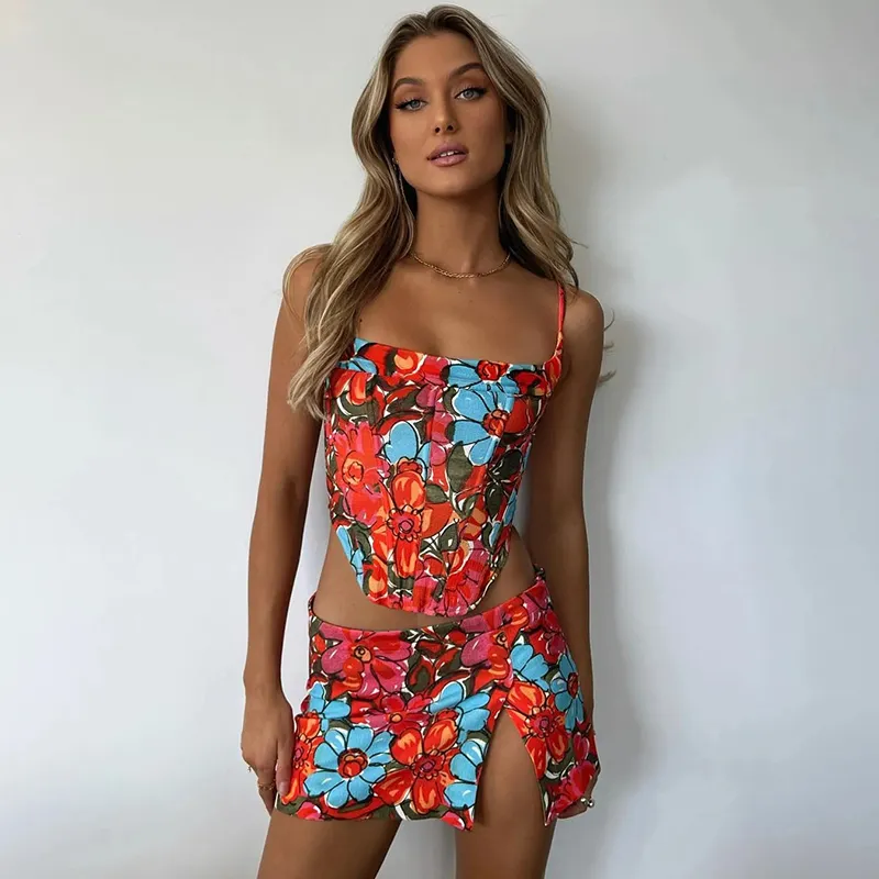 YL Vintage Floral Print Colorful Skinny 2 Peças Conjunto de mulheres Tendência de verão Camisoleslit Salia combinando roupas de rua 220602