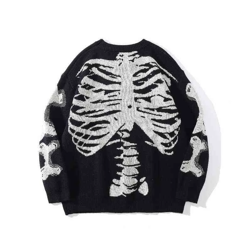 2021 Skeleton Knochen Druck Schwarz Männer Übergroßen Vintage Gestrickte Pullover Casual Frauen Pullover Retro Strickwaren Sueteres Para Hombre T220730