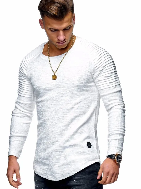 Katı Renk Kollu Pileli Yama Detay Uzun Kollu T-shirt Erkekler Bahar Rahat Kazaklar Moda Ince Temel Tops 220407
