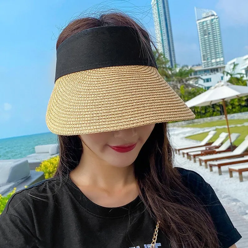 Verão vazio top sunanta portátil dobrável rollup rollup praia ampla mulher chapéu de sol casual tampa de palha 220627