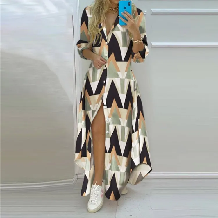Vestido de camisa larga para mujer, vestido de manga larga con solapa y botones de un solo pecho, vestidos de bata de gran tamaño con estampado de letras de primavera y verano 220811