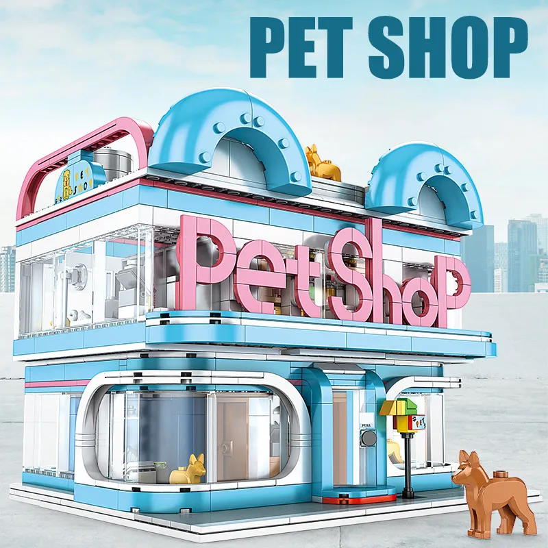 Three-layer Pet Shop Building Blocks City Street View Creative Cat Dog Care Shop DIY Figures Mini Bricks Children Toys Kids Gift 220624