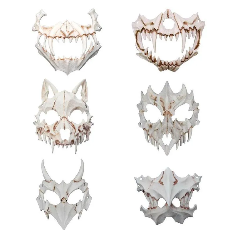 Party Dämon Samurai Drachenknochen Yasha Tengu Tiger Schädel halbe Gesichtsabdeckung Halloween Maskerade Cosplay Kostüm Maske Prop 220707