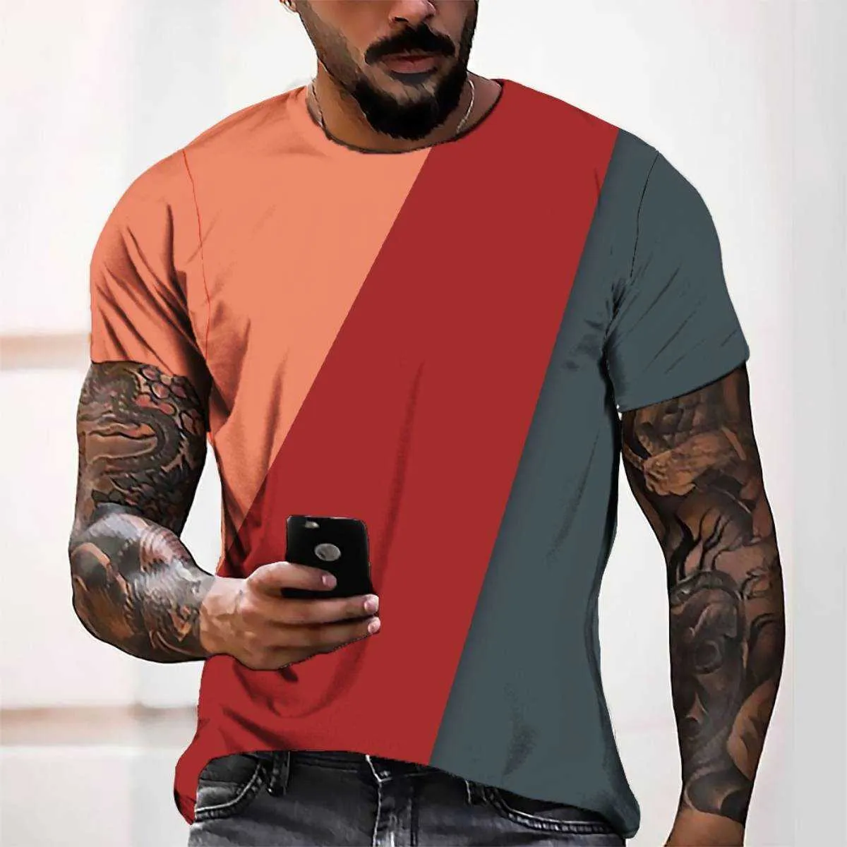 Moda Erkek T-Shirt 3D Dijital Baskı Üç Renk Blok Basit Stil Rahat Kısa Kollu Erkekler Tees Çeşitli Renk Stilleri