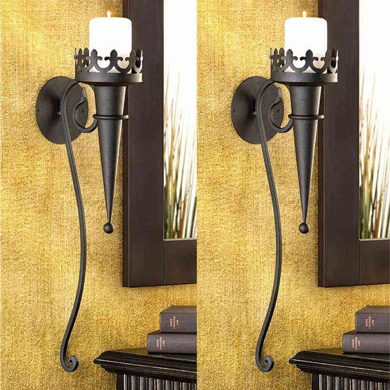 Medieval Vintage Iron Gothic Torch Style Black Pillar Candle Holder Wall Pillar Home Decorative Wall Mounted Decoration YQ231018